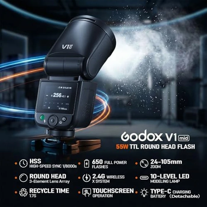Godox V1 MID C Flash for Canon, 55W Round Head Speedlite Touchscreen, Upgrade 24mm, 650+Full Power Pops, 1.7s Recycle, TTL/HSS 1/8000s V1MID Lightweight Travel Flash for EOS R5 R6II R8 R50 Fits AK-R1 by GODOX - Image 2