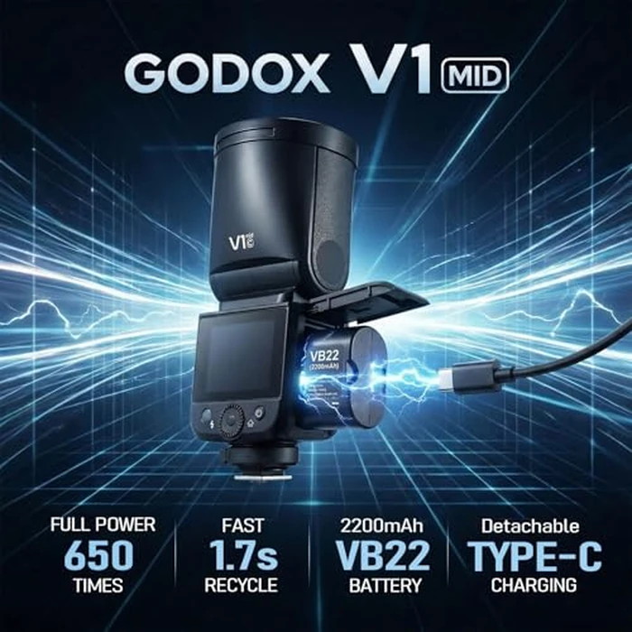 Godox V1 MID C Flash for Canon, 55W Round Head Speedlite Touchscreen, Upgrade 24mm, 650+Full Power Pops, 1.7s Recycle, TTL/HSS 1/8000s V1MID Lightweight Travel Flash for EOS R5 R6II R8 R50 Fits AK-R1 by GODOX - Image 9