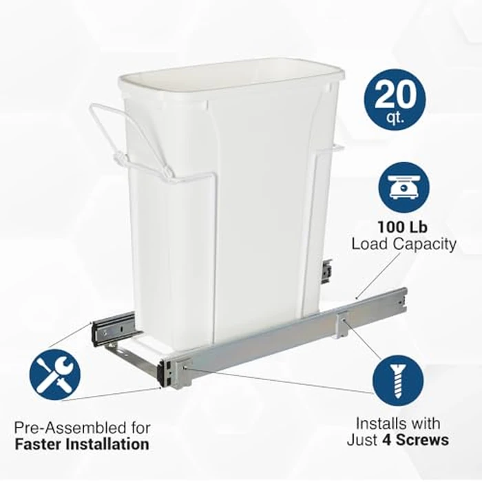 Knape & Vogt RS-PSW9-1-20-W 17 in. H x 8 in. W x D Steel in-Cabinet 20 Qt. Single White Pull Out Trash Can by Knape & Vogt - Image 5