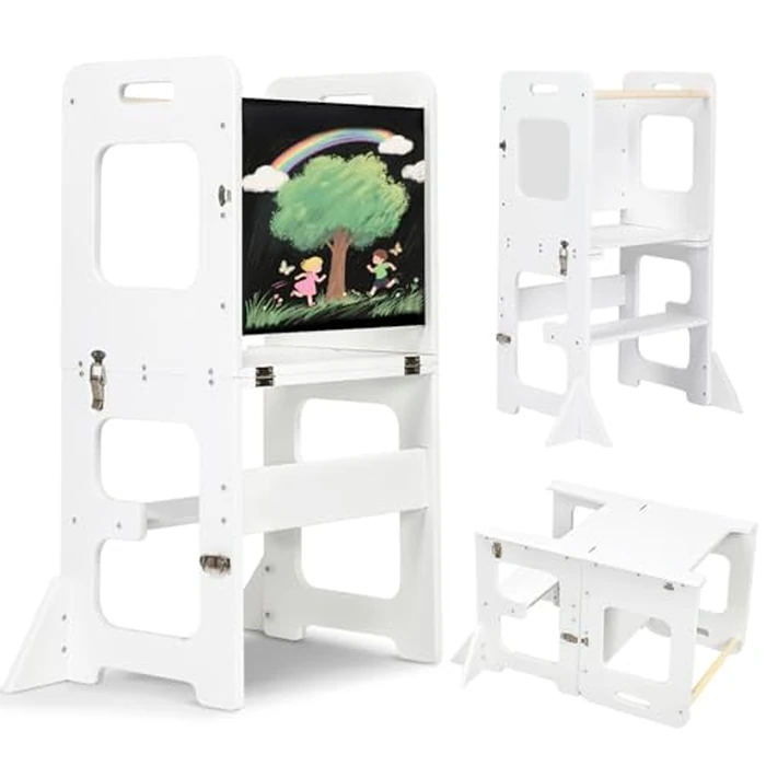 Toddler Standing Tower, Wooden Step Stool for Kids Learning Standing Tower 2-in-1 Kitchen Stool Helper with Chalkboard Montessori and Waldorf Helper for Livingroom Playroom (White Style) by JOLIE VALLÉE TOYS & HOME - Image 1