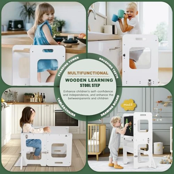 Toddler Standing Tower, Wooden Step Stool for Kids Learning Standing Tower 2-in-1 Kitchen Stool Helper with Chalkboard Montessori and Waldorf Helper for Livingroom Playroom (White Style) by JOLIE VALLÉE TOYS & HOME - Image 5
