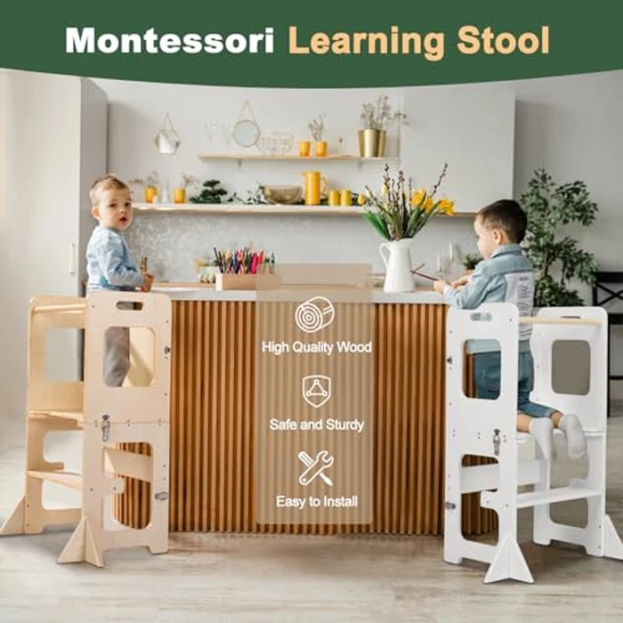 Toddler Standing Tower, Wooden Step Stool for Kids Learning Standing Tower 2-in-1 Kitchen Stool Helper with Chalkboard Montessori and Waldorf Helper for Livingroom Playroom (White Style) by JOLIE VALLÉE TOYS & HOME - Image 7