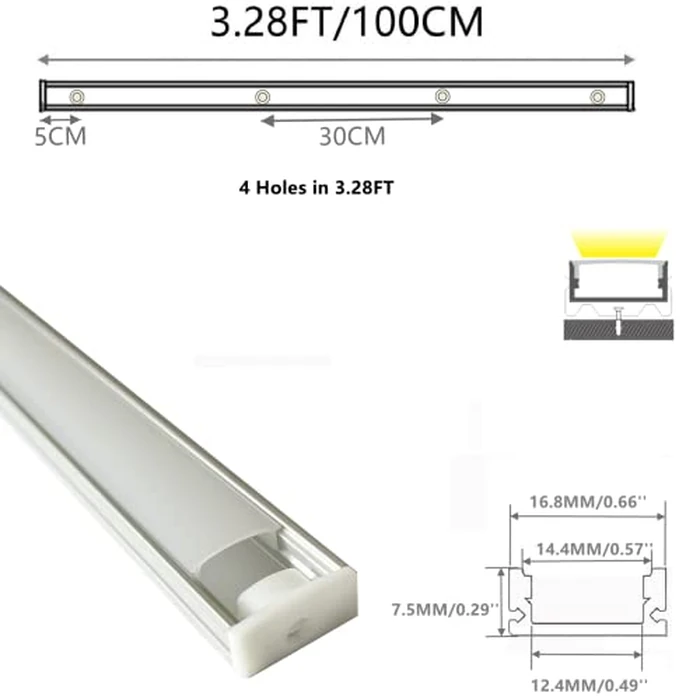 10-Pack Pre-Drilled Countersunk Hole 3.3FT LED Strip U Channel Diffuser, Hacksaw Easy Cut Tight and Flush Mounted Under Cabinet Tape Light Aluminum Low Profile with Screw and End caps (10) by THMOOTHER - Image 2