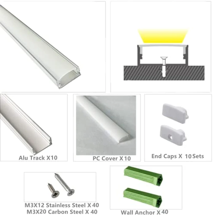 10-Pack Pre-Drilled Countersunk Hole 3.3FT LED Strip U Channel Diffuser, Hacksaw Easy Cut Tight and Flush Mounted Under Cabinet Tape Light Aluminum Low Profile with Screw and End caps (10) by THMOOTHER - Image 5