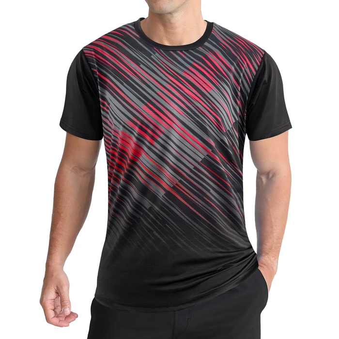 Men's Athletic T-Shirt Performance Gym Shirt Quick Dry Moisture Wicking Running Workout Outdoor Activities Short Sleeve Tops Red Stripe Black L by APTRO - Used - Like New condition - US$17.99