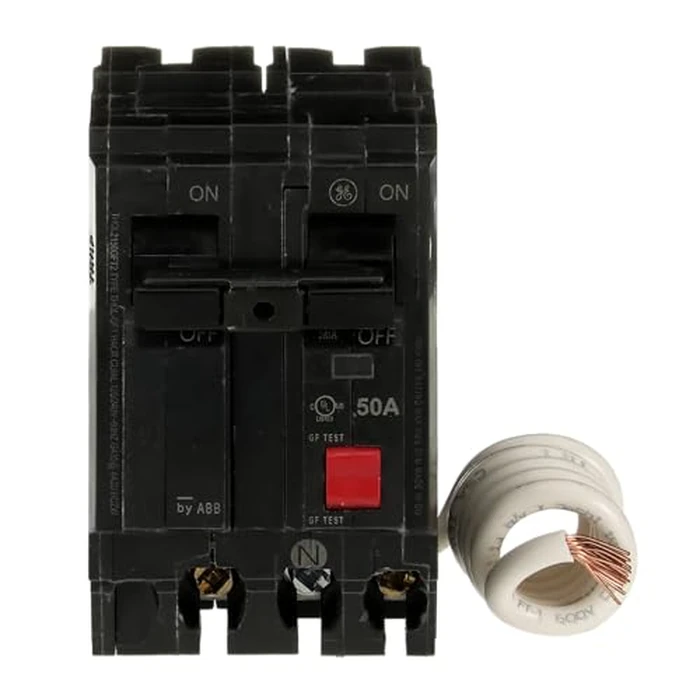 ABB Q-Line(R) THQL2150GFT2P 50A 240-Volts Double Pole Circuit Breaker • 50 Amp Double Pole Ground Fault Breaker with Self-Test • 120/240 VAC 2-Pole GFCI Breaker • Ground Fault Circuit Interrupter by ABB - Used - Very Good condition