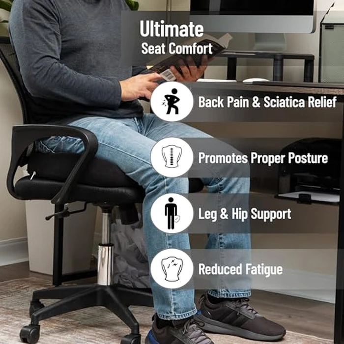 Mind Reader Memory Foam Seat Cushion, Air-Cloud Technology, Ergonomic Pressure Relief for Office, Car, and More, Relieves Hip, Tailbone, Coccyx & Sciatica Pain, 18" L x 16.75" W x 4" H, Black by Mind Reader - Image 2