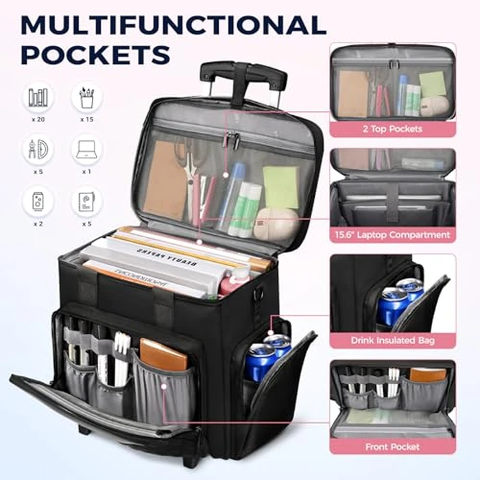 Ytonet Rolling Teacher Bag, Multifunctional Teacher Tote Bag with Detachable Dolly & File Tote, Large Rolling Briefcase with 15.6" Padded Laptop Compartment for Teaching, Office, Work, Craft, Black by Ytonet - Image 4