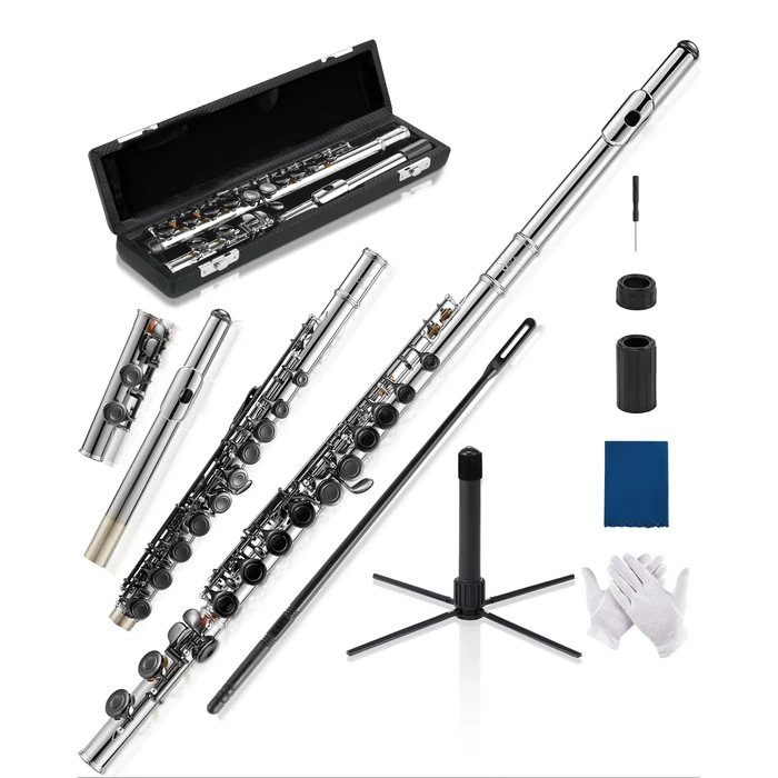 AKLOT Closed-Hole Concert C Flute: Flute Instrument with 16 Keys, Offset G, Smooth Black Nickel Keys, Air-Tight Pads, Include Stylish Leather Hard Case, Cleaning Kit, Stand, Gloves (LUM-MO) by AKLOT - Used - Very Good condition