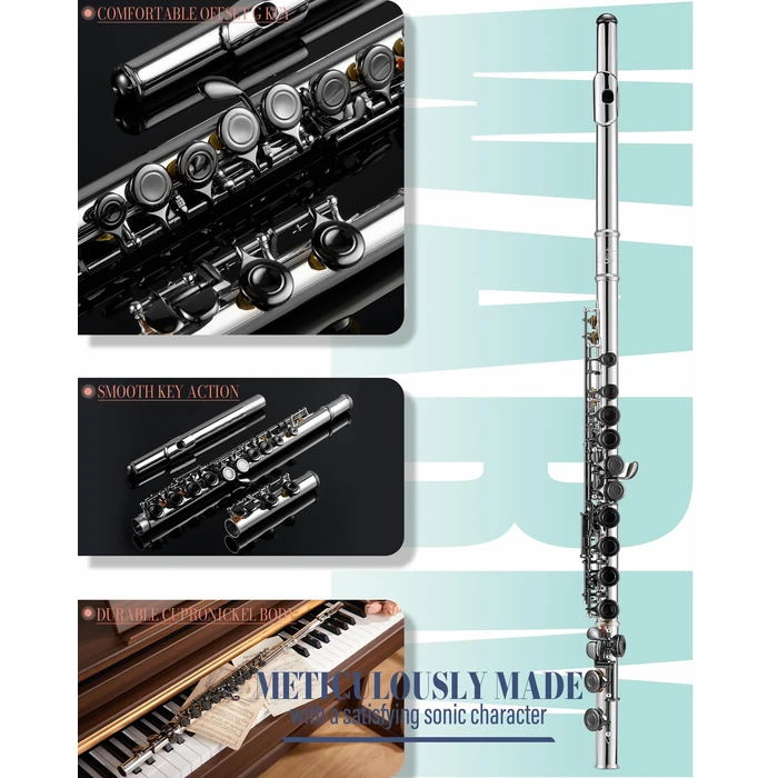 AKLOT Closed-Hole Concert C Flute: Flute Instrument with 16 Keys, Offset G, Smooth Black Nickel Keys, Air-Tight Pads, Include Stylish Leather Hard Case, Cleaning Kit, Stand, Gloves (LUM-MO) by AKLOT - Image 5