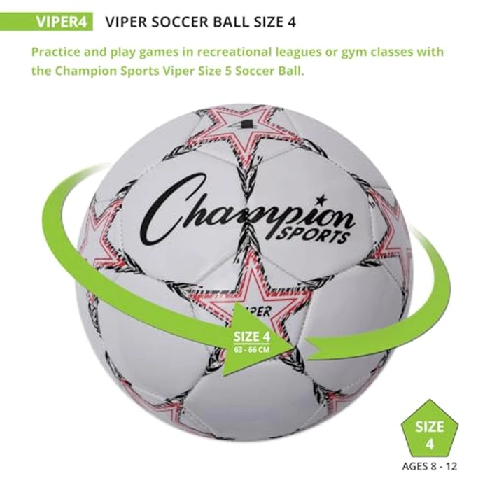 Champion Sports Viper Soccer Ball, Size 4 - Soft Touch TPU Cover, Airlock Bladder - Ages 8-12 - Red/Black/White by Champion Sports - Image 2