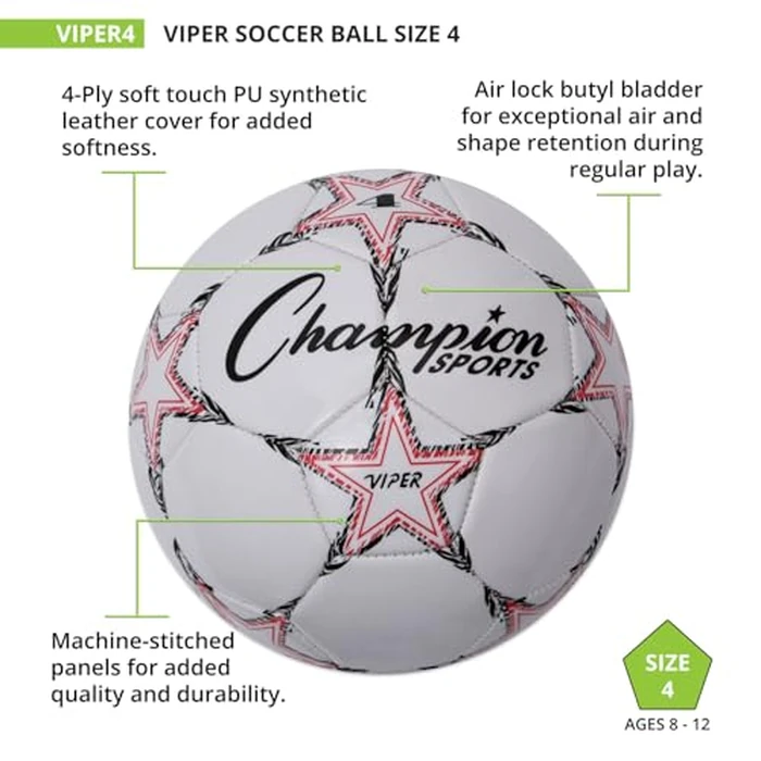 Champion Sports Viper Soccer Ball, Size 4 - Soft Touch TPU Cover, Airlock Bladder - Ages 8-12 - Red/Black/White by Champion Sports - Image 3