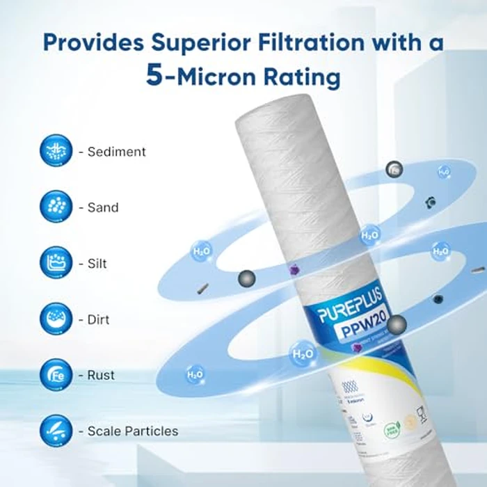 PUREPLUS 5 Micron 2.5" x 20" Whole House String Wound Sediment Filter for Well Water, Replacement Cartridge for Aqua Pure AP110-2C, Pentek P1-20/SP-P1-20/PX01-20, Watts FPMB5-20, WPP-F20-5, 6Pack by PUREPLUS - Image 4