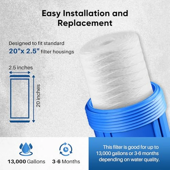 PUREPLUS 5 Micron 2.5" x 20" Whole House String Wound Sediment Filter for Well Water, Replacement Cartridge for Aqua Pure AP110-2C, Pentek P1-20/SP-P1-20/PX01-20, Watts FPMB5-20, WPP-F20-5, 6Pack by PUREPLUS - Image 6
