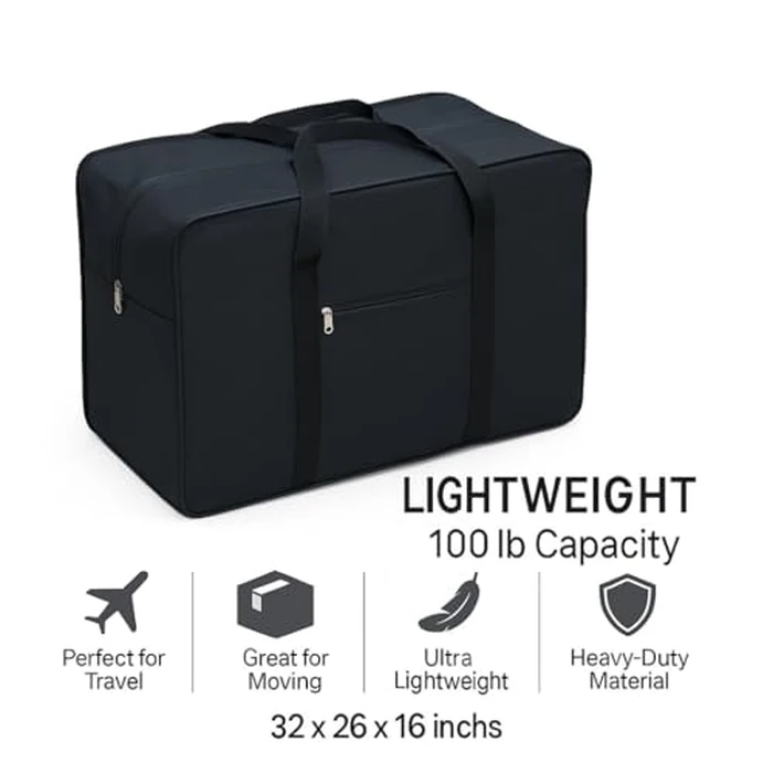 Extra Large Foldable Duffel Bag for Travel - Heavy-Duty Cargo Bag with Zippers & Reinforced Handles, TSA Approved, Water-Resistant, 32x26x16 in - Holds up to 100 lb (Black) by SIAM'S - Image 8