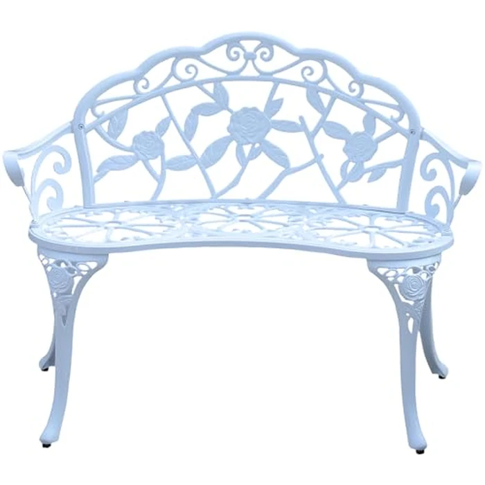 WILOUNGE Cast Aluminium Outdoor Bench, Rose Garden Bench for Patio,Park,Lawn,Yard (White) by WILOUNGE - Image 1