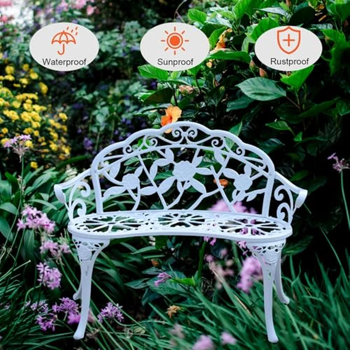 WILOUNGE Cast Aluminium Outdoor Bench, Rose Garden Bench for Patio,Park,Lawn,Yard (White) by WILOUNGE - Image 2