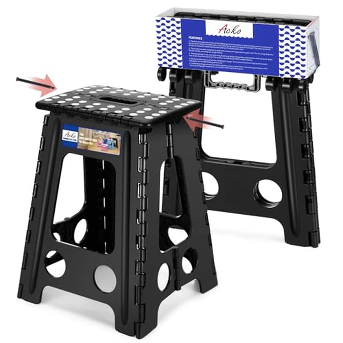 ACKO Folding Step Stool Foldable 17.5 Inch 400 lbs Capacity, Plastic Stools for Adults and Kids, Collapsible Stools for Kitchen, Stepping Stool with Handle (Black) by ACKO - Used - Like New condition - US$27.83