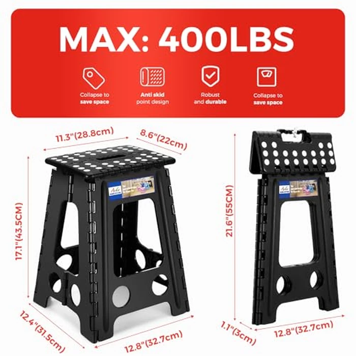 ACKO Folding Step Stool Foldable 17.5 Inch 400 lbs Capacity, Plastic Stools for Adults and Kids, Collapsible Stools for Kitchen, Stepping Stool with Handle (Black) by ACKO - Image 4