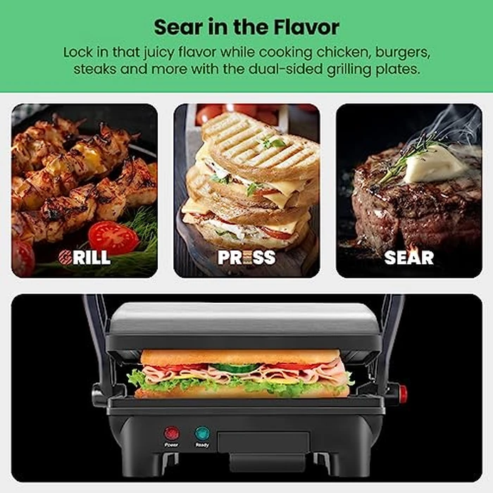 Chefman Electric Panini Press Grill and Gourmet Sandwich Maker w/ Non-Stick Coated Plates, Opens 180 Degrees to Fit Any Type or Size Food, Dishwasher Safe Removable Drip Tray, Stainless Steel/Black by Chefman - Image 4