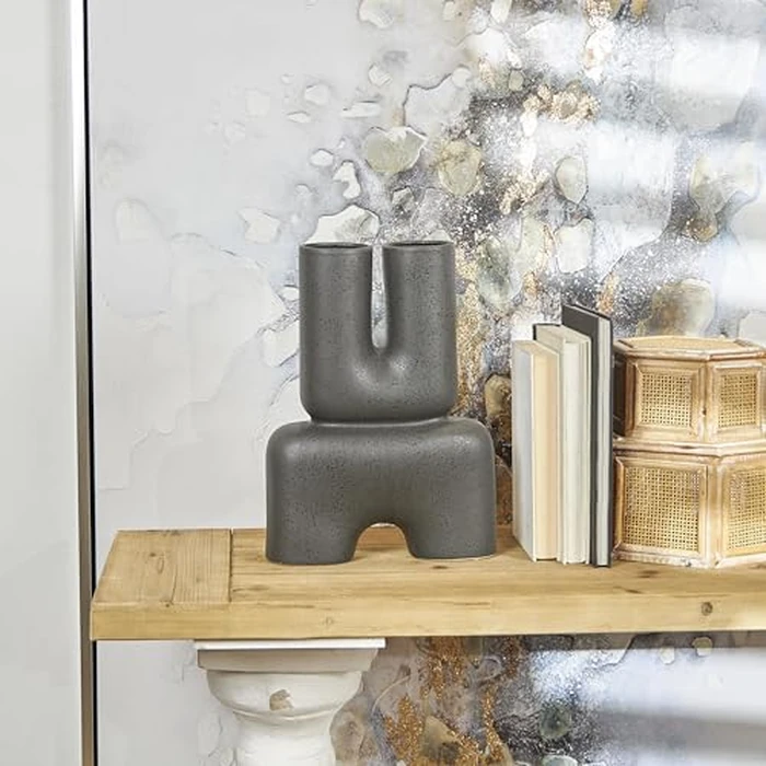 Deco 79 Ceramic Abstract Dual Opening U-Shaped Vase with Glossy Speckled Texture, 11" x 4" x 15", Black by Deco 79 - Image 5