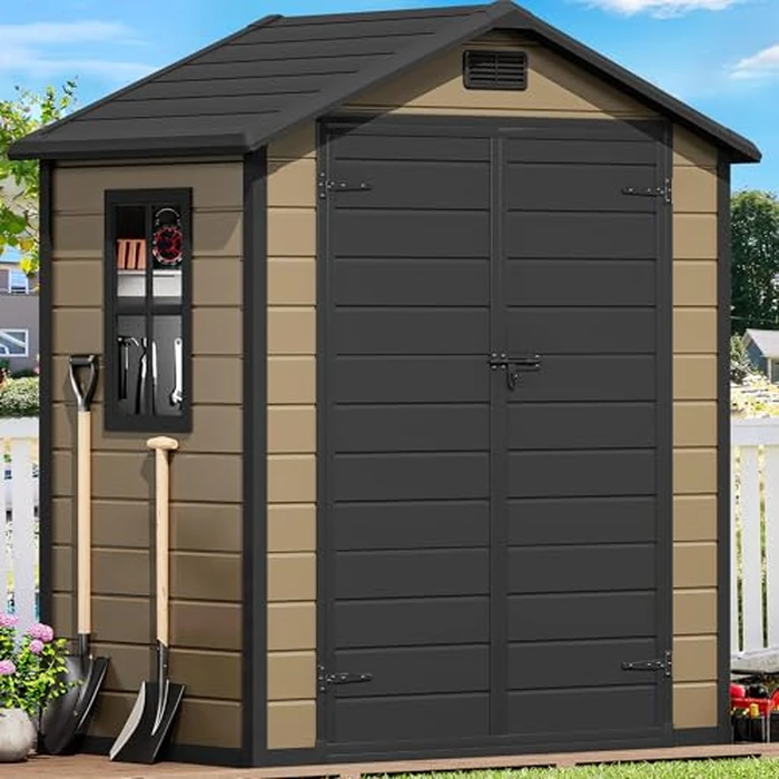 DWVO 6x4 FT Resin Storage Shed with Floor, Outdoor Storage Shed with Lockable Door, Window and Vents, Waterproof Plastic Tool Storage for Garden, Backyard, Patio, Lawn, Brown by DWVO - Used - Like New condition