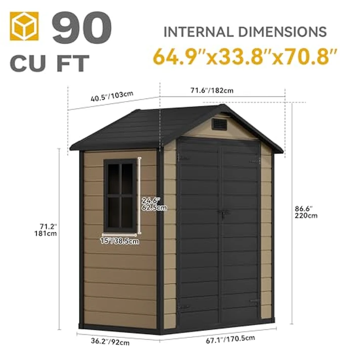 DWVO 6x4 FT Resin Storage Shed with Floor, Outdoor Storage Shed with Lockable Door, Window and Vents, Waterproof Plastic Tool Storage for Garden, Backyard, Patio, Lawn, Brown by DWVO - Image 7