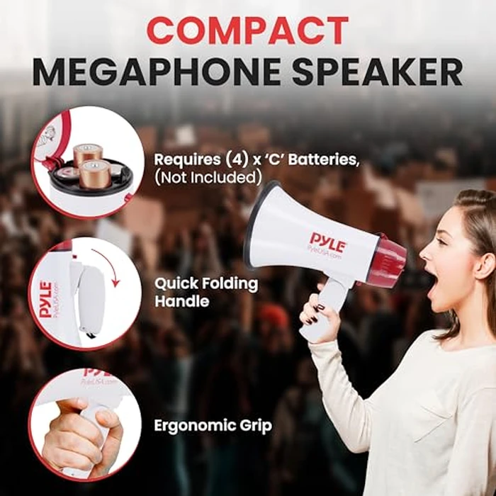 Pyle Megaphone Speaker PA Bullhorn - 20 Watts & Adjustable Vol Control w/ Built-in Siren & 800 Yard Range for Football, Baseball, Hockey, Cheerleading Fans & Coaches or for Safety Drills - White by Pyle - Image 3