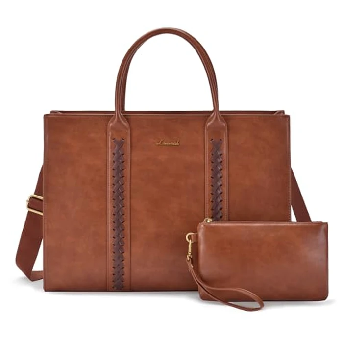 LOVEVOOK Laptop Tote Bag for Women, Vintage Leather Work Bags 15.6 Inch Laptop Bag With Cup Holder, Waterproof Professional Computer Bag Business Office Briefcase Shoulder Bag Handbag, Light Brown by LOVEVOOK - Used - Like New condition