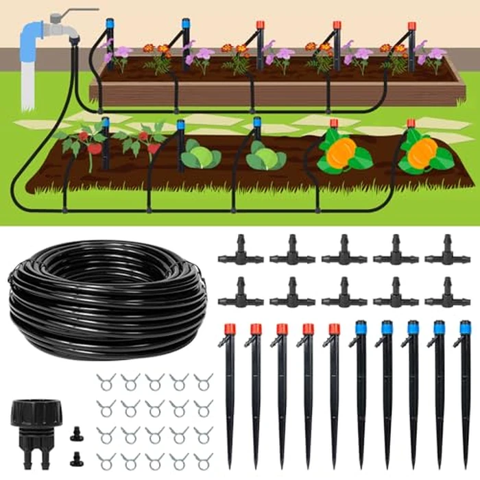 Maotong 55ft Drip Irrigation System Kit, Garden Watering System DIY Automatic Irrigation Equipment Set for Lawn Raised Bed Greenhouse Plant Watering with 1/4'' Tubing, Drip Emitters, Connectors by Maotong - Used - Acceptable condition - US$10.39
