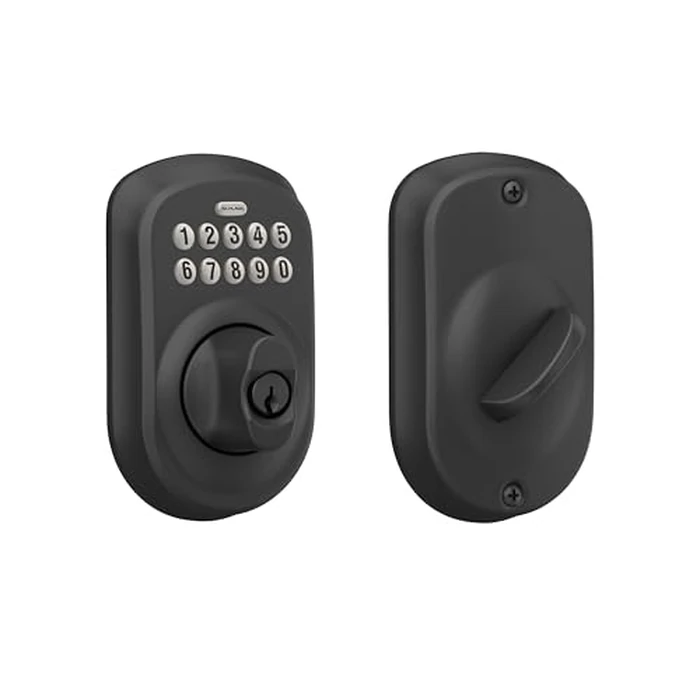 Schlage Plymouth Electronic Keypad Deadbolt Lock, Keyless Front Door Entry, Mechanical Key Backup Included, Matte Black, BE365 PLY 622 by SCHLAGE - Image 1