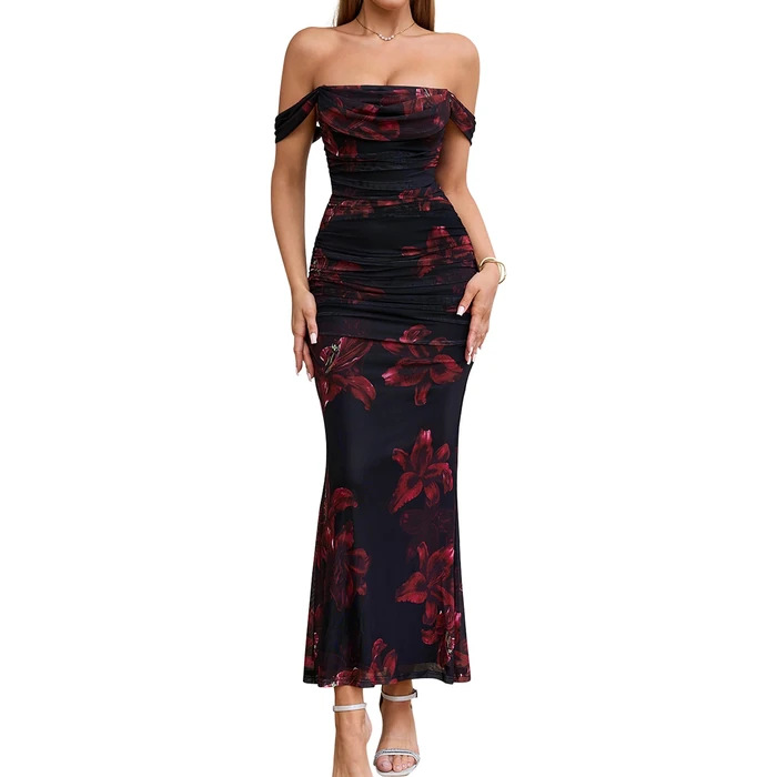 KUTUMAI Off The Shoulder Maxi Long Dress Corset Ruched Bodycon Cocktail Formal Wedding Guest Dresses for Women RedFloral L by KUTUMAI - Used - Like New condition