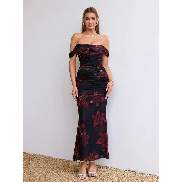 KUTUMAI Off The Shoulder Maxi Long Dress Corset Ruched Bodycon Cocktail Formal Wedding Guest Dresses for Women RedFloral L by KUTUMAI - Image 2