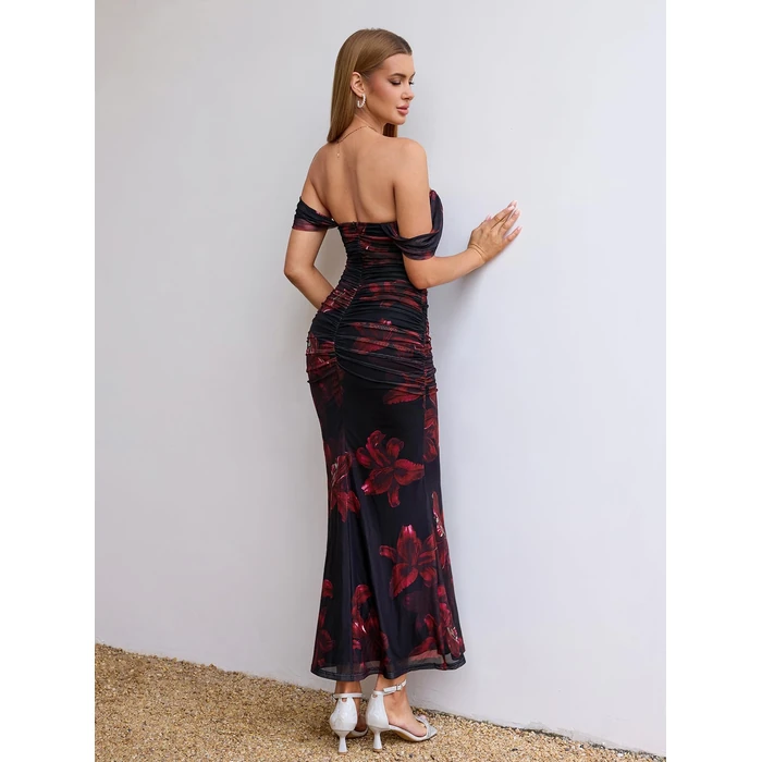 KUTUMAI Off The Shoulder Maxi Long Dress Corset Ruched Bodycon Cocktail Formal Wedding Guest Dresses for Women RedFloral L by KUTUMAI - Image 3