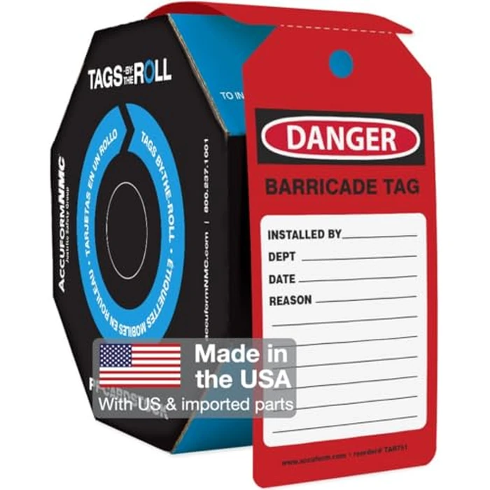 AccuformNMC 250 Danger Barricade Tag Red Tags by-The-Roll, OSHA Compliant Tags, Tear & Water Resistant PF-Cardstock, 6.25" x 3" x 0.01", TAR751, American Made Safety Tags, Signs, and Labels by Accuform - Used - Good condition - CA$61.75