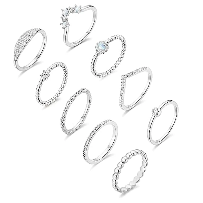 PLOMFOV 14K Silver Plate Stacking Rings Set for Women V Opal Flower CZ Rings Simple Thumb Thin Stackable Rings Silver Statement Rings Plain Band Silver 6 by PLOMFOV - Image 1