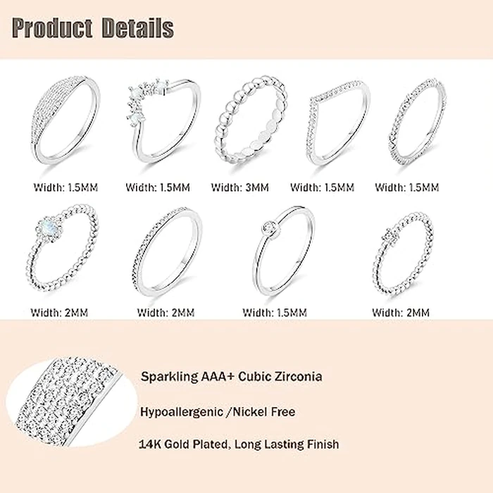 PLOMFOV 14K Silver Plate Stacking Rings Set for Women V Opal Flower CZ Rings Simple Thumb Thin Stackable Rings Silver Statement Rings Plain Band Silver 6 by PLOMFOV - Image 3