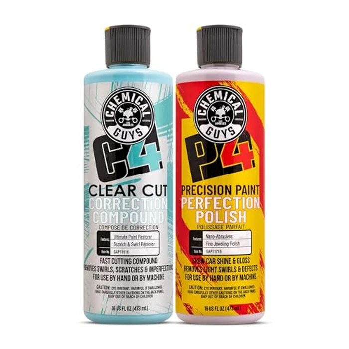 Chemical Guys C4 & P4 Clear Cut Correction Compound and Precision Paint Perfection Polish Combo - Removes Scratches, Swirls, Towel Marks, and Etching, Restores Gloss, Polishing Kit - 2 x 16 oz by Chemical Guys - Used - Like New condition