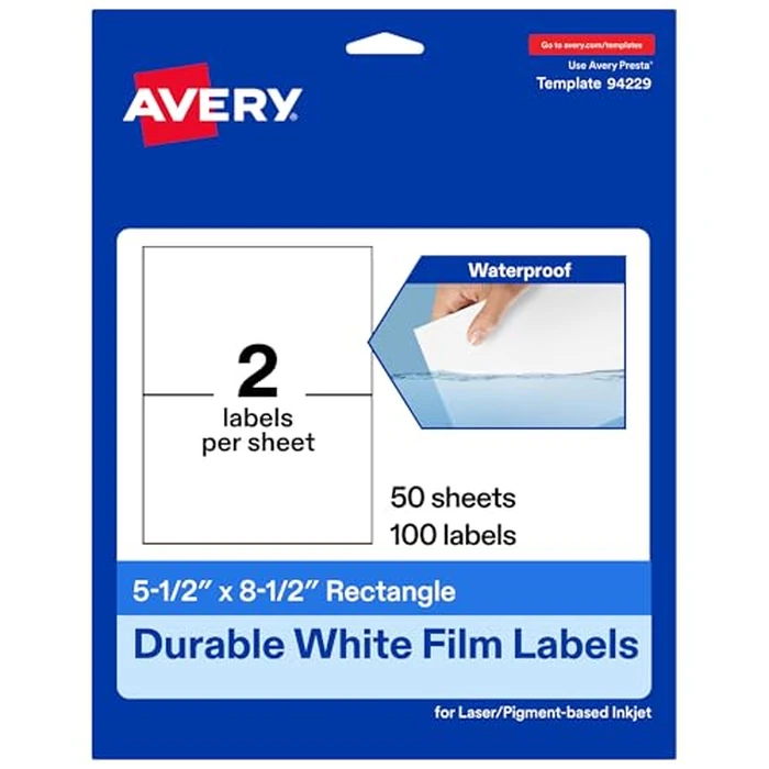 Avery Printable Durable White Rectangle Labels, 5.5" x 8.5", Waterproof Labels, Laser & Pigment-Based Inkjet Compatible, 100 Total, Great for Product Branding, Marketing, and More by Avery - Used - Very Good condition