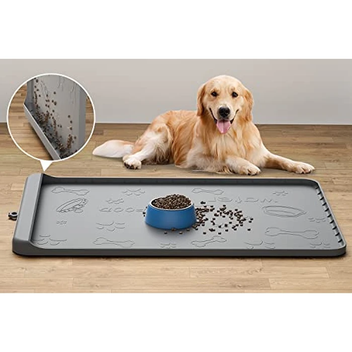 Dog Food Mat - Silicone Dog Mat for Food and Water - 36" x 24" Large Pet Feeding Mats with Residue Collection Pocket - Waterproof Dog Cat Bowl Mat with High Edges to Prevent Water Food Spills (Gray) by Carry360 - Used - Like New condition - US$23.72