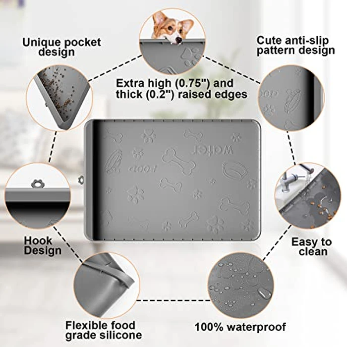Dog Food Mat - Silicone Dog Mat for Food and Water - 36" x 24" Large Pet Feeding Mats with Residue Collection Pocket - Waterproof Dog Cat Bowl Mat with High Edges to Prevent Water Food Spills (Gray) by Carry360 - Image 4