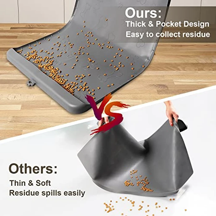 Dog Food Mat - Silicone Dog Mat for Food and Water - 36" x 24" Large Pet Feeding Mats with Residue Collection Pocket - Waterproof Dog Cat Bowl Mat with High Edges to Prevent Water Food Spills (Gray) by Carry360 - Image 5