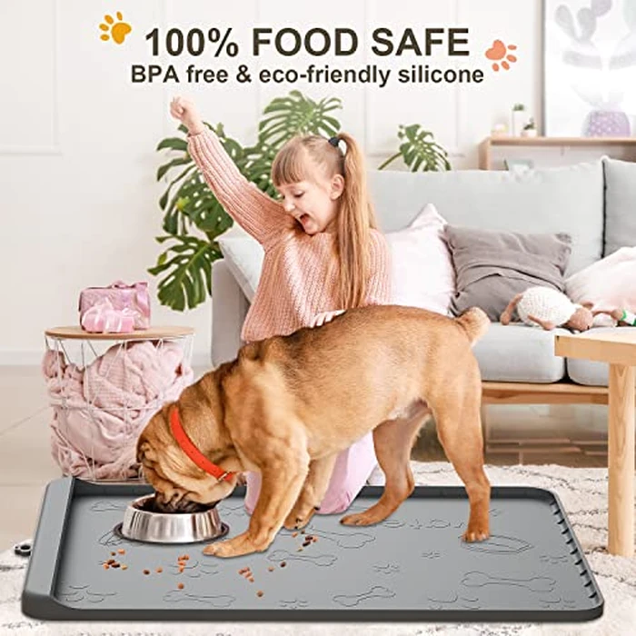 Dog Food Mat - Silicone Dog Mat for Food and Water - 36" x 24" Large Pet Feeding Mats with Residue Collection Pocket - Waterproof Dog Cat Bowl Mat with High Edges to Prevent Water Food Spills (Gray) by Carry360 - Image 7