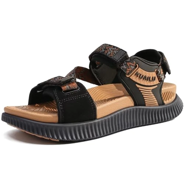 KuaiLu Walking Orthopedic Sandals Womens Comfortable Arch Support Hiking Sandles Plantar Fasciitis Athletic Sport Recovery Cushion Summer Travel Outdoor Open Toe Water Sandals Black Khaki Size 7 by KuaiLu - Image 1