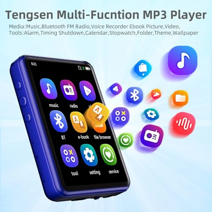 Tengsen MP3 Player with Bluetooth 5.3 - Portable Music Player with Speaker,FM Radio,E-Book,Shuffle/Repeat Play,Full Touch Screen MP3 Player for Meetings,Lectures,Fitness,SD Card Slot,64GB Blue by Tengsen - Image 2