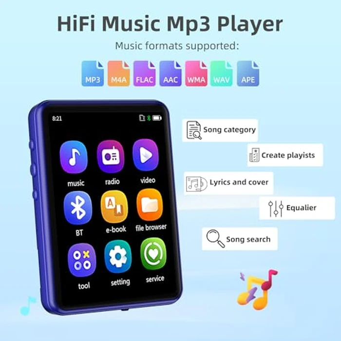 Tengsen MP3 Player with Bluetooth 5.3 - Portable Music Player with Speaker,FM Radio,E-Book,Shuffle/Repeat Play,Full Touch Screen MP3 Player for Meetings,Lectures,Fitness,SD Card Slot,64GB Blue by Tengsen - Image 4