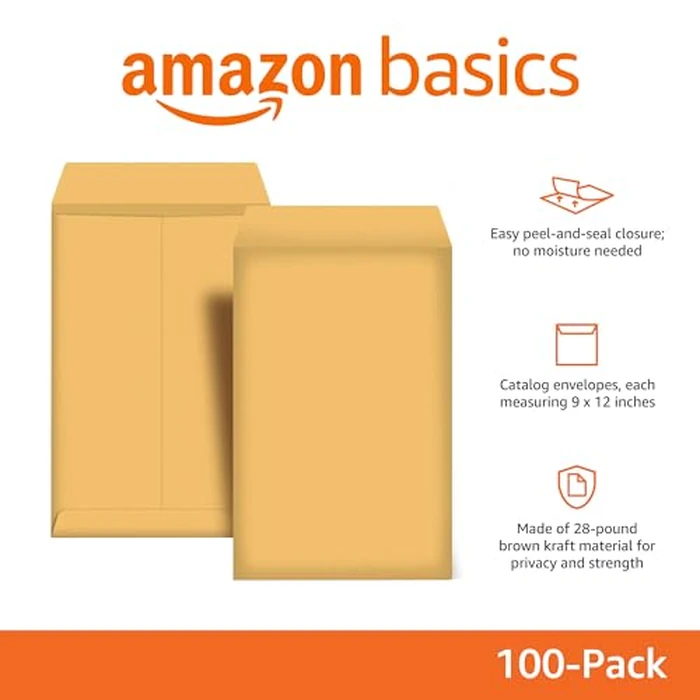Amazon Basics Catalog Mailing Envelopes, Peel & Seal, 9x12 Inch, Brown Kraft, 100-Pack - AMZP13 by Amazon Basics - Used - Like New condition - CA$31.48