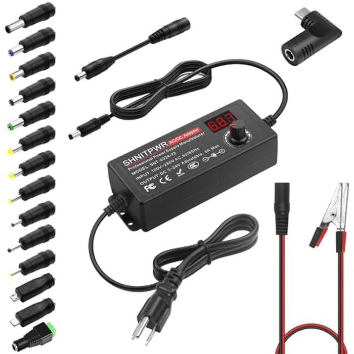 SHNITPWR 72W universal Power Supply Adjustable DC 3V ~ 24V 3A AC/DC Adapter with USB C Charger PD 65W Upgraded 100V-240V AC to DC Converter Variable Power Adapter, 14 Tips, Alligator Clips Power Cable by SHNITPWR - Used - Acceptable condition - CA$23.27