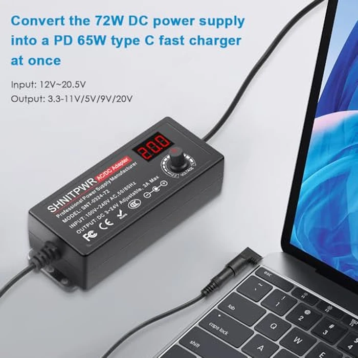 SHNITPWR 72W universal Power Supply Adjustable DC 3V ~ 24V 3A AC/DC Adapter with USB C Charger PD 65W Upgraded 100V-240V AC to DC Converter Variable Power Adapter, 14 Tips, Alligator Clips Power Cable by SHNITPWR - Image 3