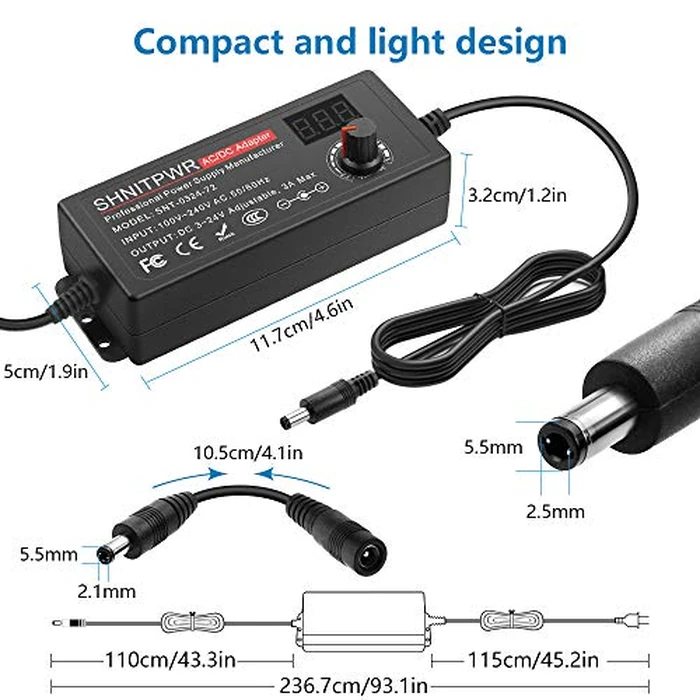 SHNITPWR 72W universal Power Supply Adjustable DC 3V ~ 24V 3A AC/DC Adapter with USB C Charger PD 65W Upgraded 100V-240V AC to DC Converter Variable Power Adapter, 14 Tips, Alligator Clips Power Cable by SHNITPWR - Image 4